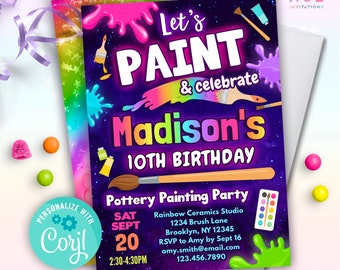 rainbow pottery painting birthday invitation editable template | paint & celebrate ceramics studio party invite with photo or without