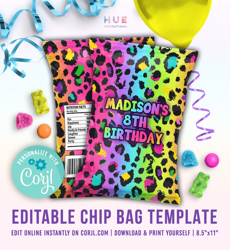 Rainbow Leopard Birthday Chip Bag Labels Editable Template - Etsy