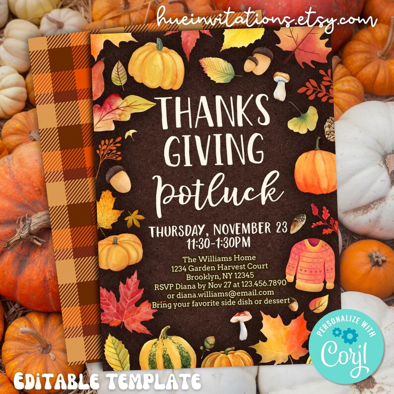 May include: Thanksgiving potluck invitation with pumpkins, leaves, and acorns. The invitation includes the text "Thanksgiving Potluck" and event details. The design features a brown background with watercolor illustrations and a plaid pattern.
