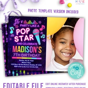 music and dance birthday invitation template with a photo | pop star music app theme party invite you edit yourself | bright neon colors
