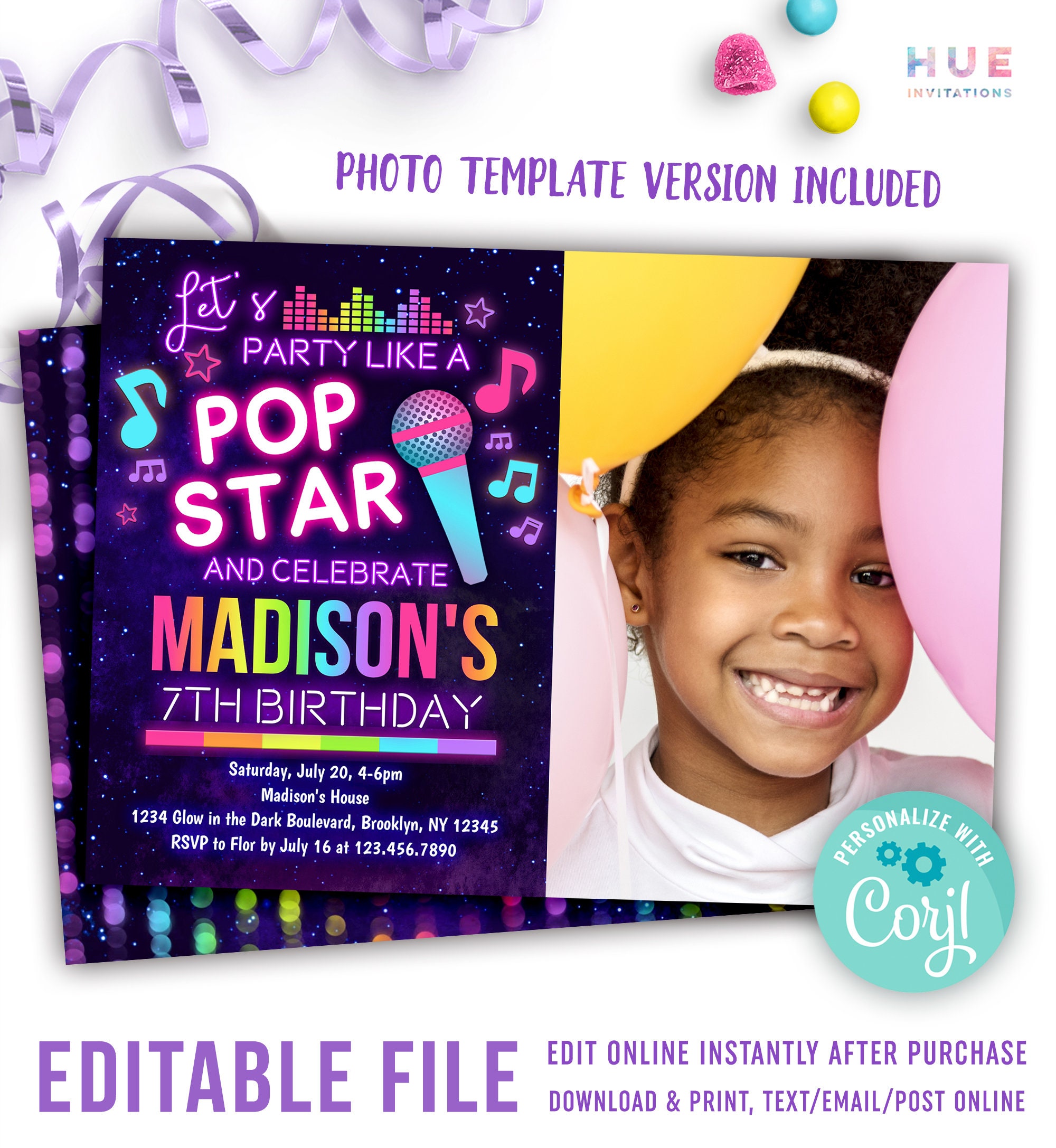 music and dance birthday invitation template with a photo | pop star music app theme party invite you edit yourself | bright neon colors