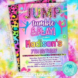 May include: A vibrant invitation with the text "JUMP tumble & PLAY!" for Madison's 7th birthday. The design features a colorful background, gymnastics figures, stars, and leopard print accents. Includes event details and contact information.