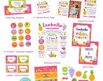 TWOtti Frutti 2nd birthday party bundle coordinating printables | TWOtti Frutty Corjl party templates pack | thank you favor tag