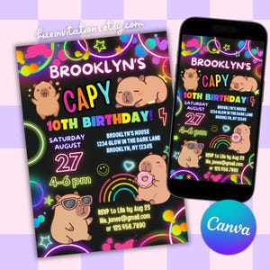 May include: A black birthday invitation with the text "Brooklyn's Capy 10th Birthday!" featuring capybara illustrations, neon accents, and event details. A smartphone displays the same design. The Canva logo is visible.