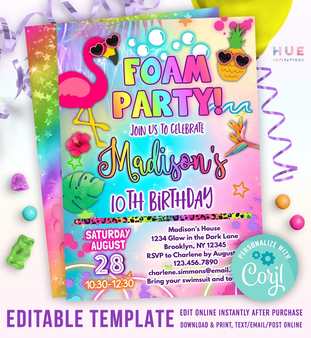 Colorful Foam Party Invitation Template for Girls Flamingo Pineapple