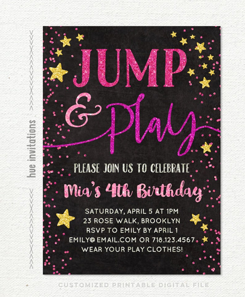 jump birthday invitation jump party invitation girls 4th birthday pink gold stars tumble and play trampoline birthday bounce house