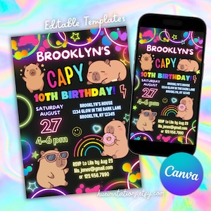 Capybara Glow Birthday Invitation Template | Neon Kids Party Invite | Editable Canva Template | Capy Birthday Any Age image 1