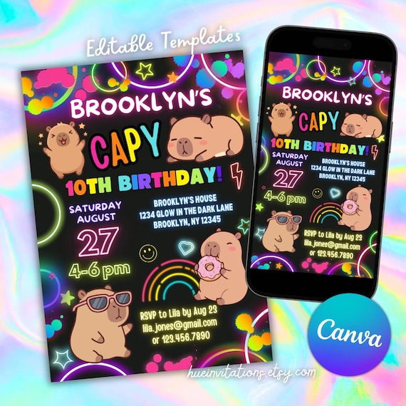 Capybara Glow Birthday Invitation Template | Neon Kids Party Invite | Editable Canva Template | Capy Birthday Any Age