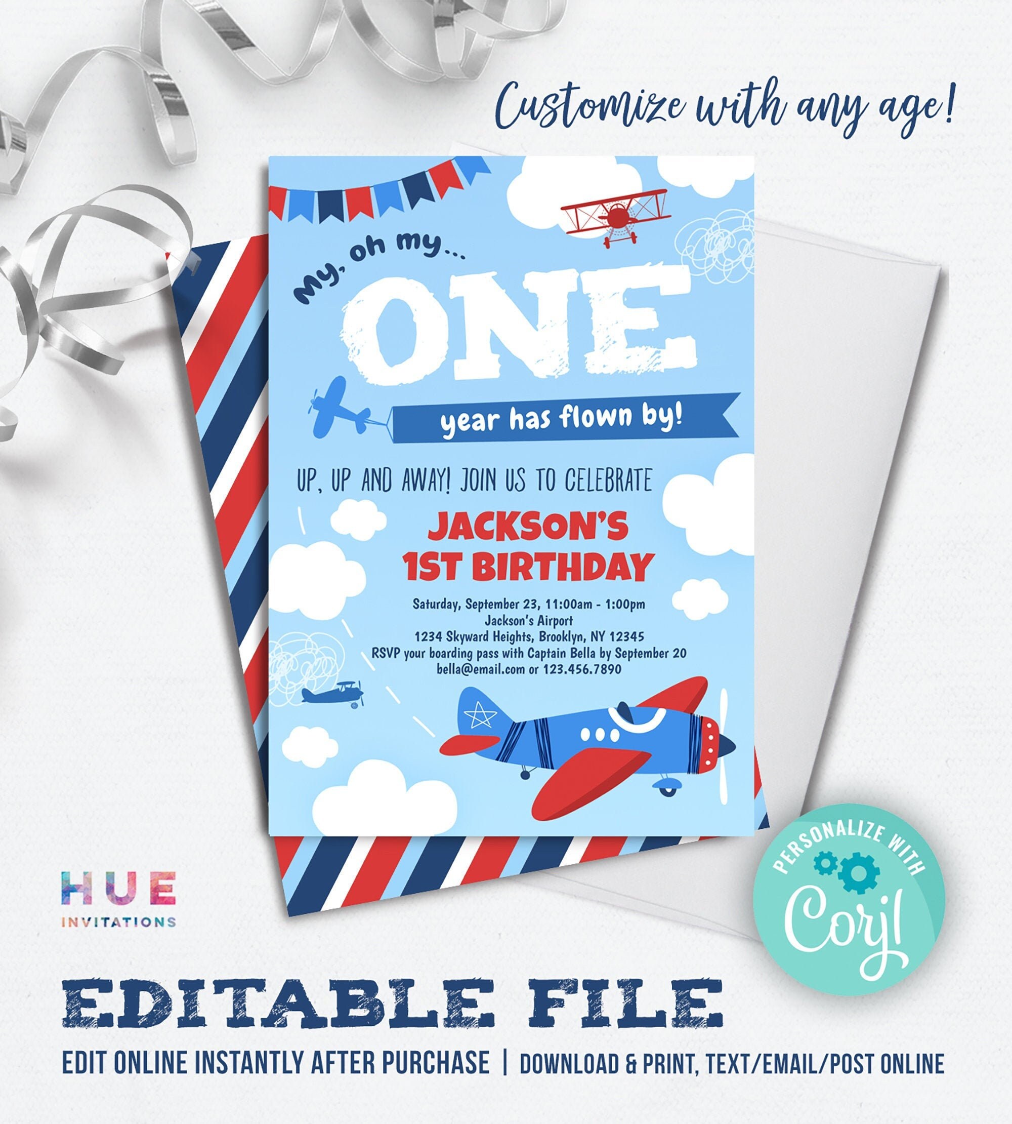 airplane 1st birthday invitation EDITABLE TEMPLATE |  boy plane party…