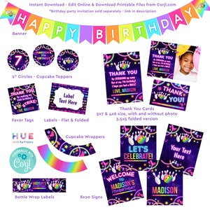 bowling birthday party bundle coordinating templates instant download | glow bowling party printable pack | thank you sign favor tag label