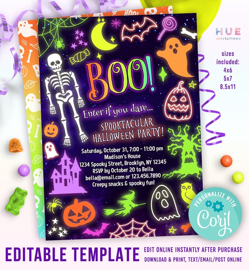 neon Halloween party invitations | spooktacular Halloween costume party invites | kids spooky Halloween invites neon colors image 6