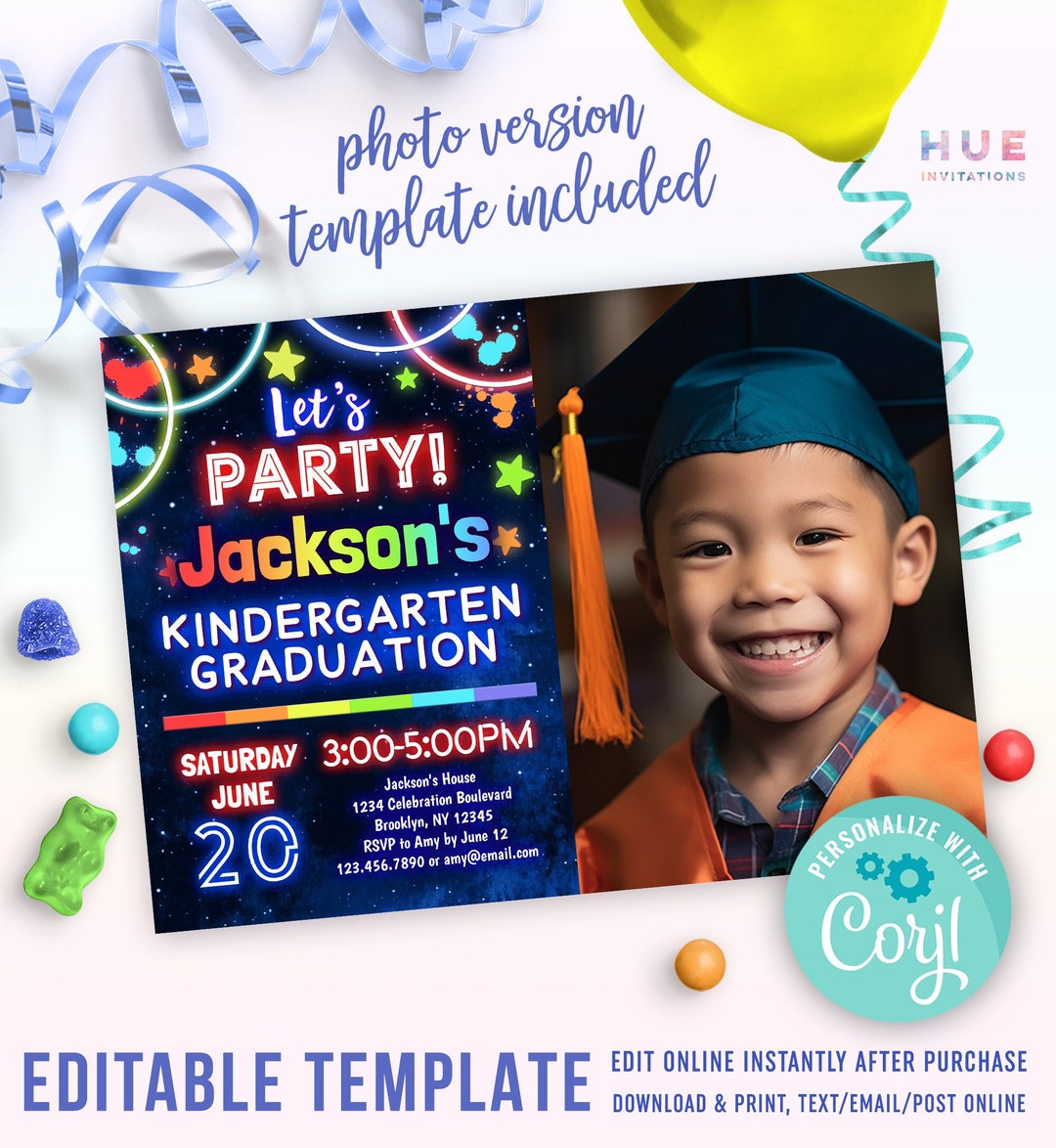 Kindergarten Graduation Invitation Editable Template Rainbow Glow End