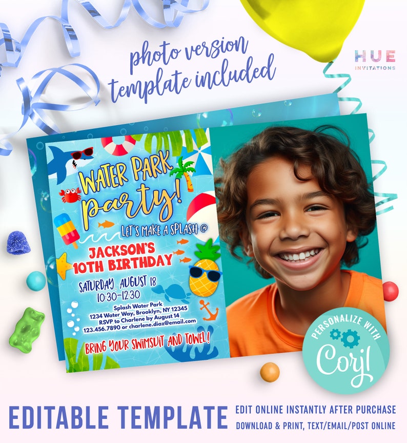 boys water park birthday invitation template shark & pineapple waterpark party invite summer waterslide invitation image 2