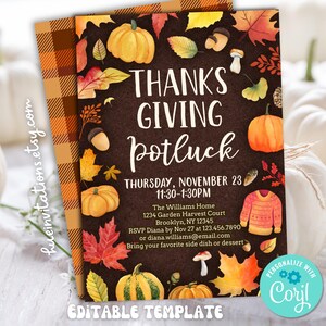 May include: Thanksgiving potluck invitation with fall-themed illustrations. The invitation features pumpkins, leaves, and the text "Thanksgiving Potluck" with event details. The design includes a plaid border and the text "Editable Template".