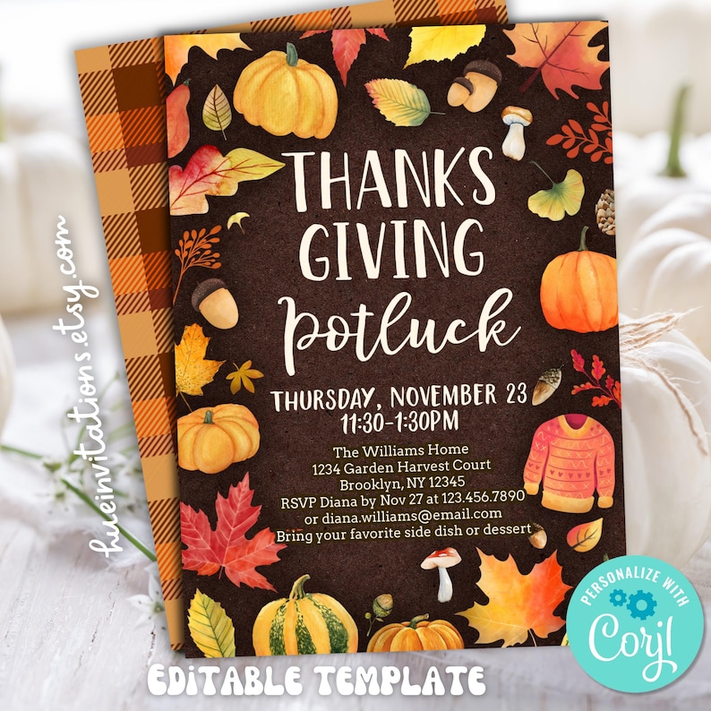 May include: Thanksgiving potluck invitation with fall-themed illustrations. The invitation features pumpkins, leaves, and the text "Thanksgiving Potluck" with event details. The design includes a plaid border and the text "Editable Template".