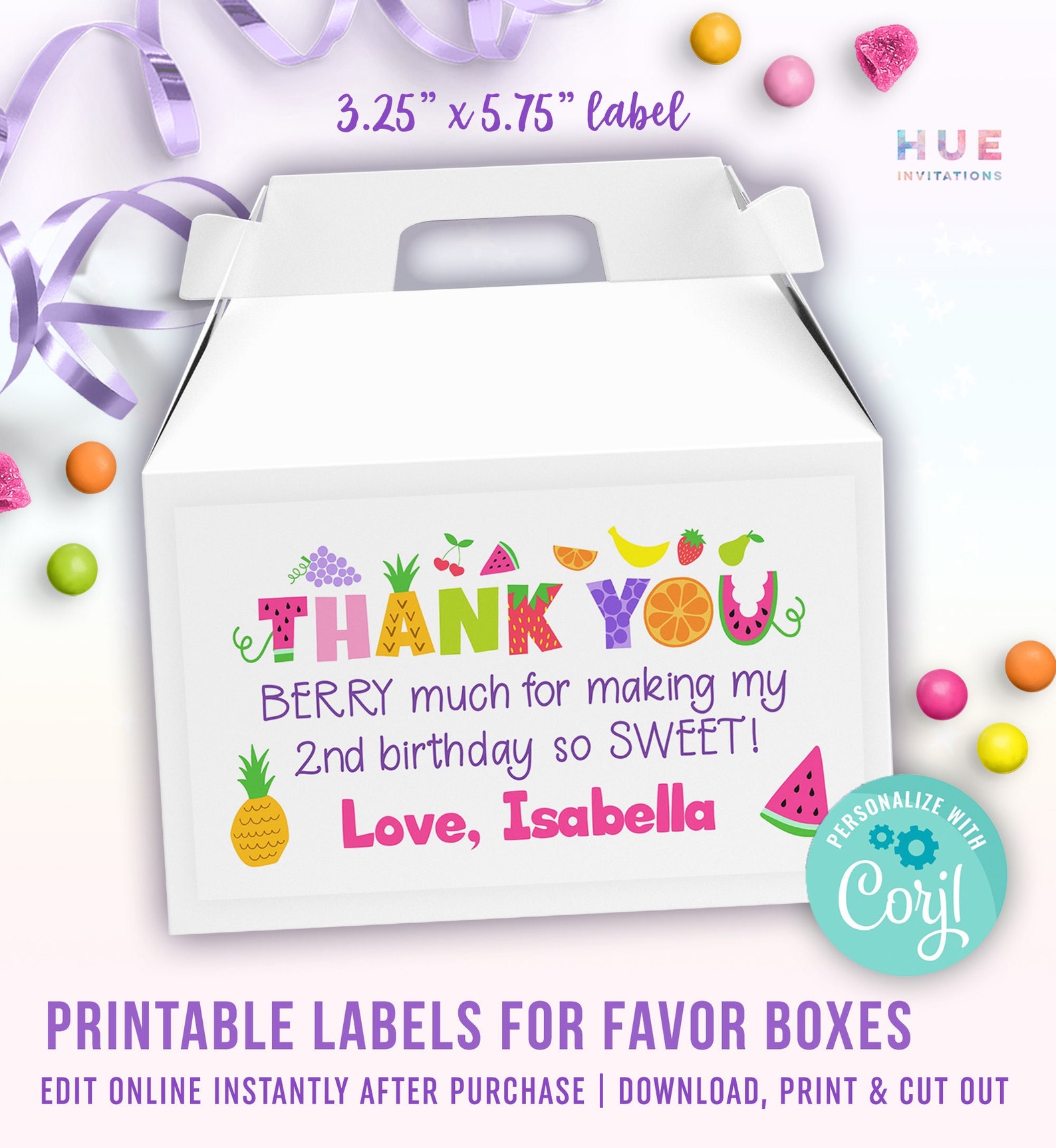 Editable Twotti Frutti Party Favor Box Labels Summer Fruit Theme