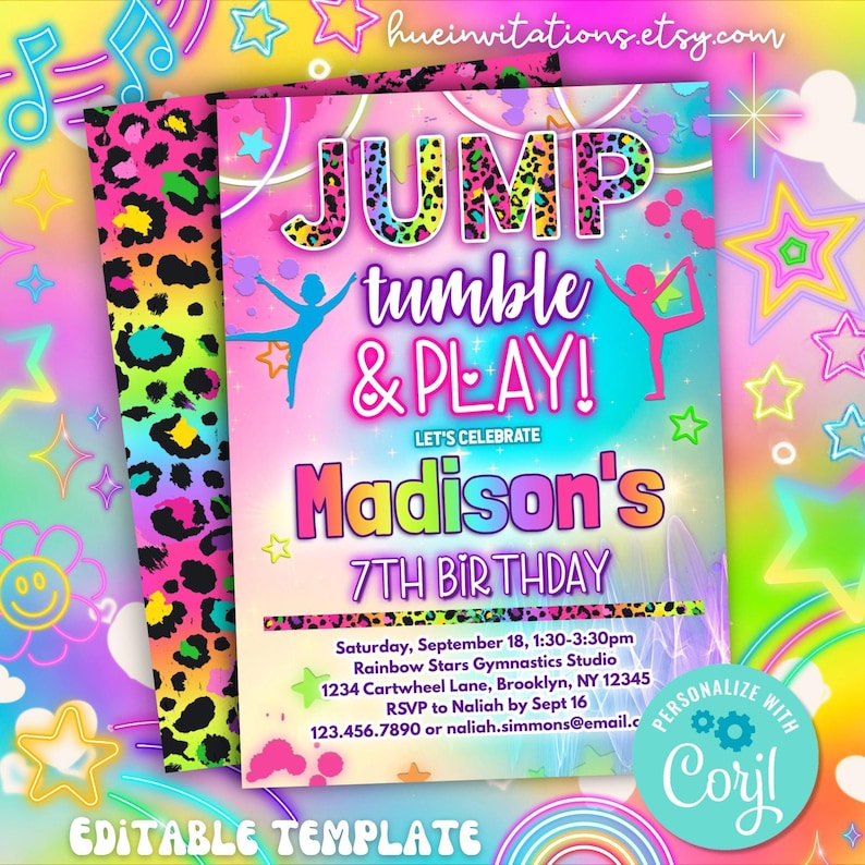 May include: A vibrant invitation template with a neon color scheme. The design features the text "JUMP tumble & PLAY!" and "Madison's 7th Birthday." Additional text includes event details and the Etsy shop URL. The design includes a leopard print.