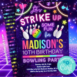 Puede incluir: Invitaci&oacute;n a una fiesta de cumplea&ntilde;os de bolos en rosa ne&oacute;n, azul, verde y amarillo. La invitaci&oacute;n dice "Let's Strike Up Some Fun for Madison's 10th Birthday Bowling Party". La invitaci&oacute;n tambi&eacute;n incluye la fecha, la hora y el lugar de la fiesta.
