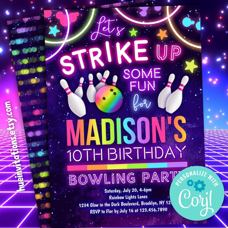 Puede incluir: Invitaci&oacute;n a una fiesta de cumplea&ntilde;os de bolos en rosa ne&oacute;n, azul, verde y amarillo. La invitaci&oacute;n dice "Let's Strike Up Some Fun for Madison's 10th Birthday Bowling Party". La invitaci&oacute;n tambi&eacute;n incluye la fecha, la hora y el lugar de la fiesta.