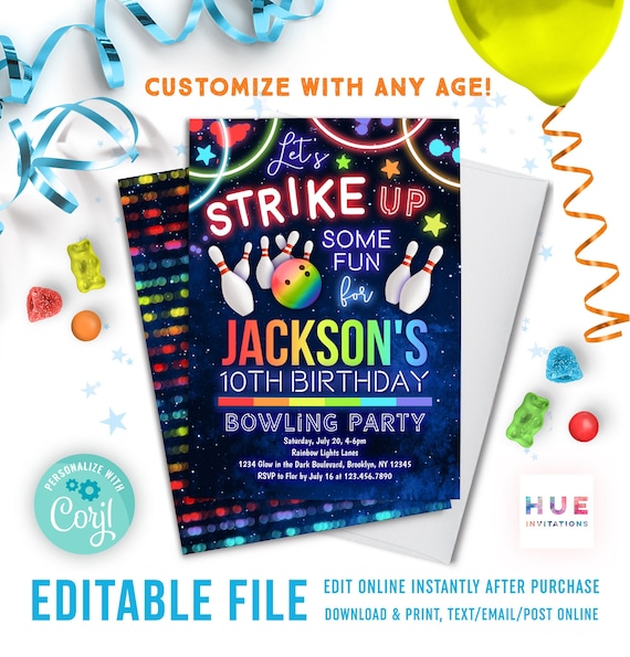 boy bowling invitation Corjl template | let's strike up some fun boys bowling birthday party invitation | rainbow neon glow bowling invite