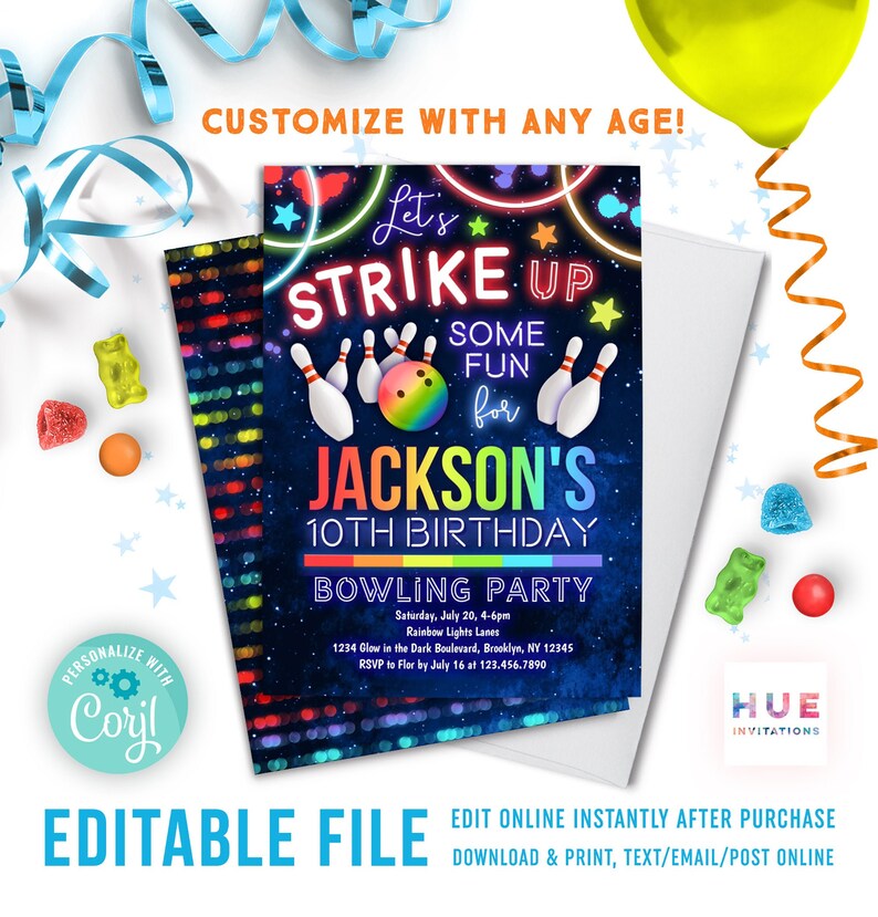 Plantilla Corjl para invitación de bolos para niños / Vamos a empezar a divertirnos con la invitación de fiesta de cumpleaños de bolos para niños / Invitación de bolos con brillo de neón de arcoíris imagen 1