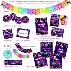 roller skating birthday party bundle coordinating items | skate party editable templates pack | thank you sign favor tag label