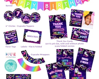 roller skating birthday party bundle coordinating items | skate party editable templates pack | thank you sign favor tag label
