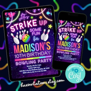 Puede incluir: Invitaci&oacute;n a una fiesta de bolos con tem&aacute;tica de ne&oacute;n, con un fondo de galaxia. La invitaci&oacute;n es de color rosa, azul, verde y amarillo fluorescente y dice "Let's Strike Up Some Fun for Madison's 10th Birthday Bowling Party".