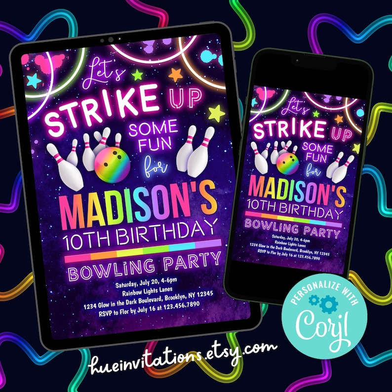 Puede incluir: Invitaci&oacute;n a una fiesta de bolos con tem&aacute;tica de ne&oacute;n, con un fondo de galaxia. La invitaci&oacute;n es de color rosa, azul, verde y amarillo fluorescente y dice "Let's Strike Up Some Fun for Madison's 10th Birthday Bowling Party".
