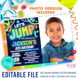 boys jump party birthday invitation neon glow jump & celebrate trampoline park birthday invite editable template blue green orange color image 2
