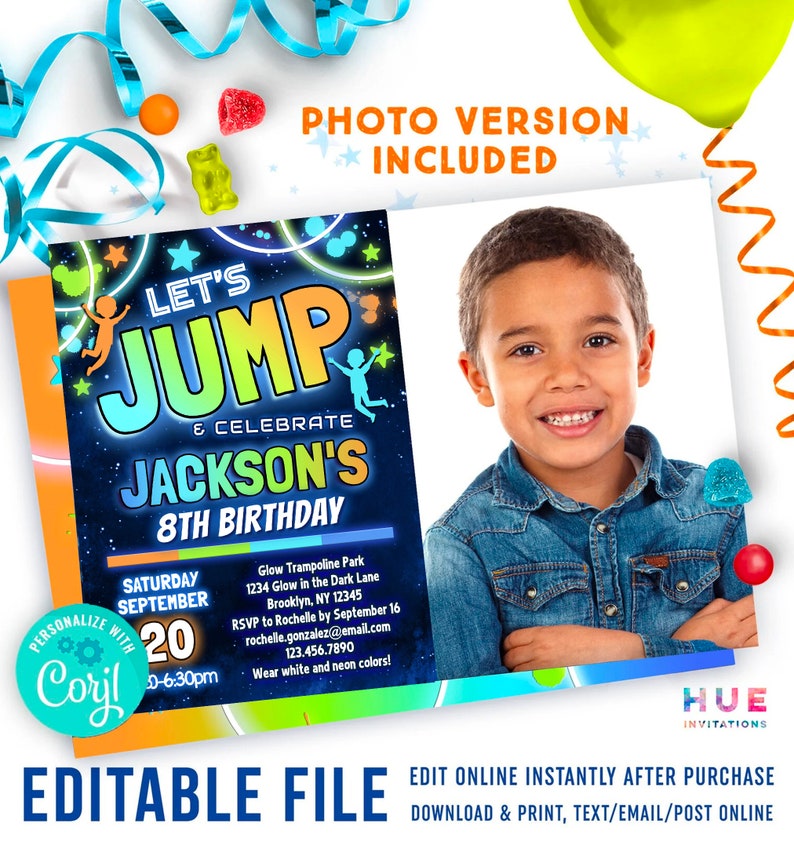 boys jump party birthday invitation neon glow jump & celebrate trampoline park birthday invite editable template blue green orange color image 2