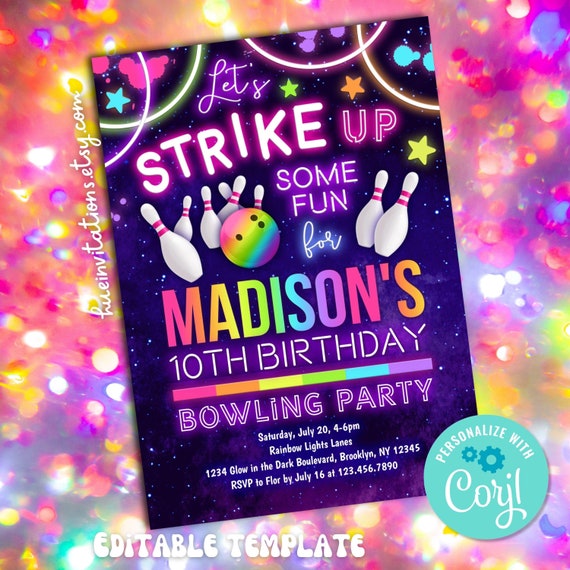bowling birthday invitation editable template | let's strike up some fun bowling party invitation | rainbow neon glow girls birthday invite