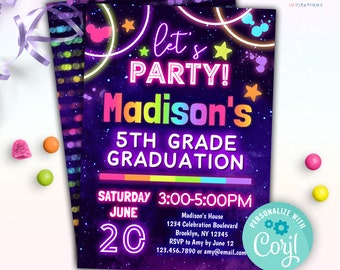 editable 5th grade graduation party invitation instant download | neon rainbow glow end of the year celebration stepping up party invite