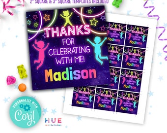 Plantillas editables de etiquetas de recuerdo de fiesta en el parque de trampolines / Plantillas imprimibles de etiquetas de agradecimiento de cumpleaños para niñas con brillo de arcoíris que saltan y juegan