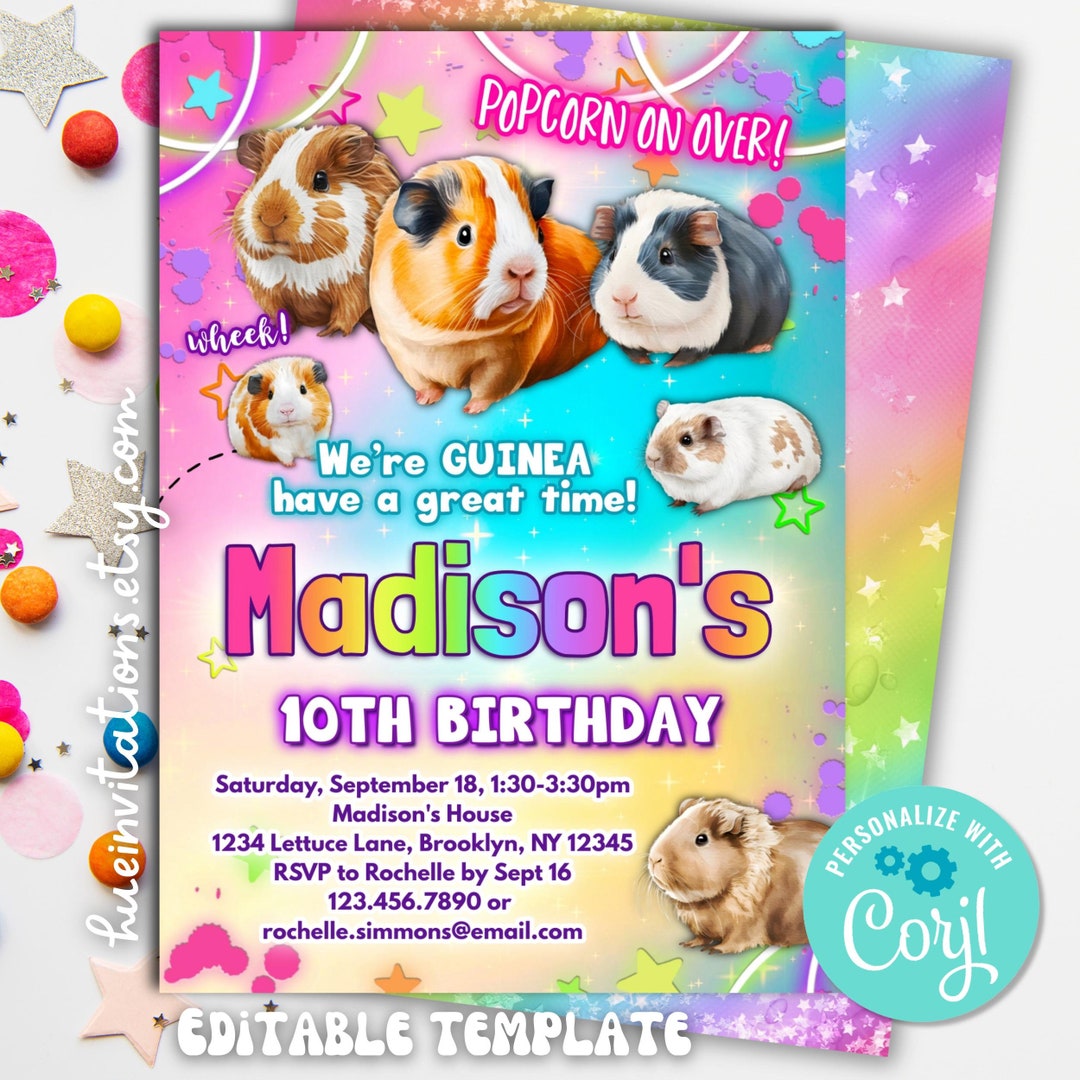 Guinea Pig Birthday Party Invitation Editable Template | Girls Guinea ...