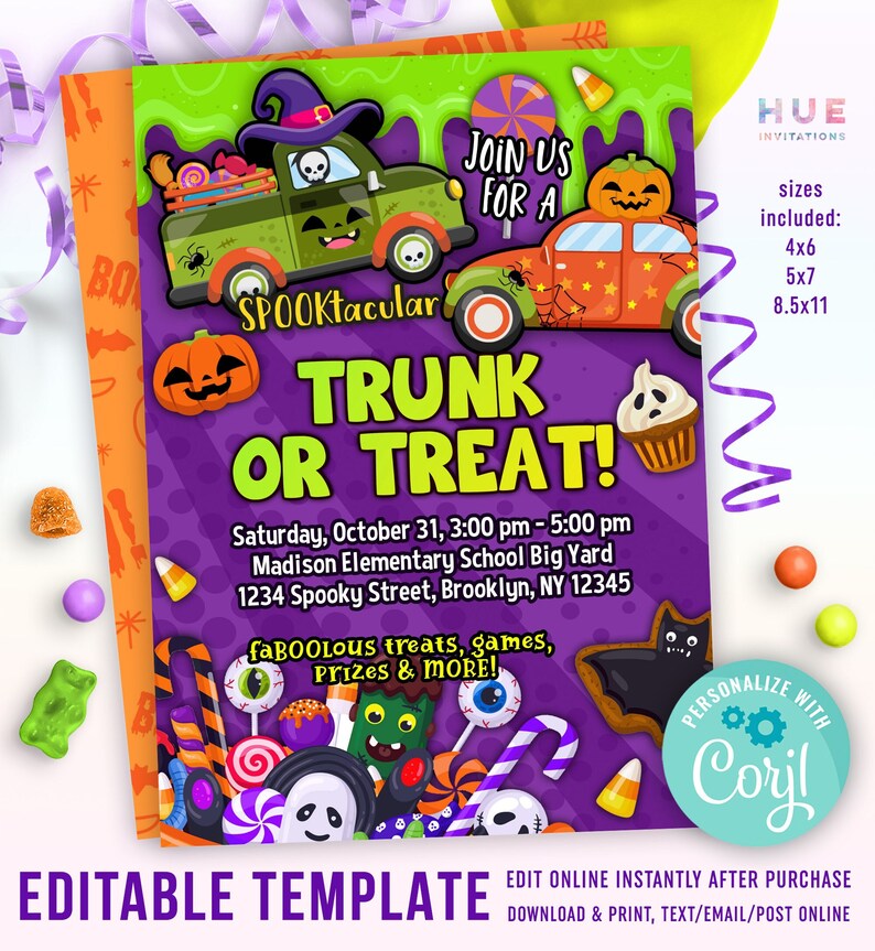 May include: A Halloween-themed invitation with a purple background and orange and green accents. The design features cartoon cars, pumpkins, and the text "TRUNK OR TREAT!" and "SPOOKtacular". Includes editable template information.
