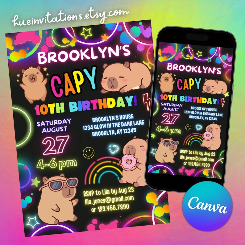 May include: A birthday invitation featuring a capybara theme. The design includes the text "Brooklyn's Capy 10th Birthday!" with event details. The invitation is displayed on a smartphone and a printed card, both with a black background and neon accents.