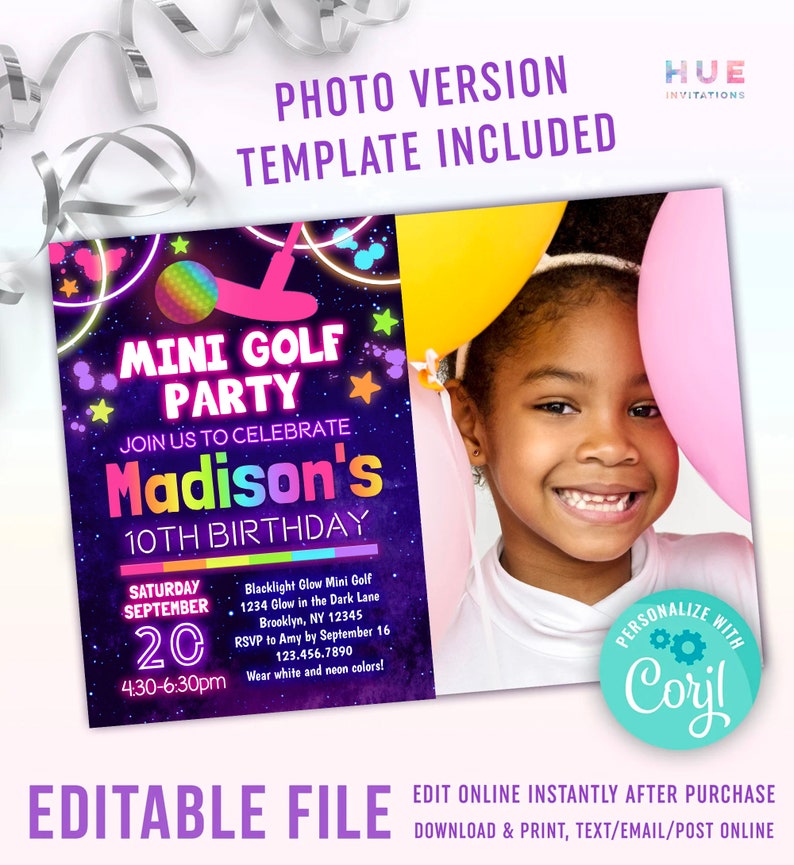 Pu&ograve; includere: Un invito a una festa di compleanno viola e nero con accenti rosa neon, verde e blu. L'invito presenta un tema di mini golf con un design che brilla al buio. Il testo recita "Mini Golf Party" e "Join us to celebrate Madison's 10th Birthday". L'invito include anche la data, l'ora e il luogo della festa. L'invito &egrave; personalizzato con il nome "Coryl".