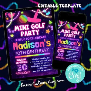 Pu&ograve; includere: Modello modificabile per un invito a una festa di mini golf che brilla al buio. L'invito presenta uno sfondo viola neon con stelle e una palla da golf arcobaleno. Il testo recita "Mini Golf Party" e "Unisciti a noi per festeggiare il 10&deg; compleanno di Madison". L'invito include anche i dettagli della festa, come la data, l'ora e il luogo. Il testo "Personalizza con Corjl!" &egrave; incluso.