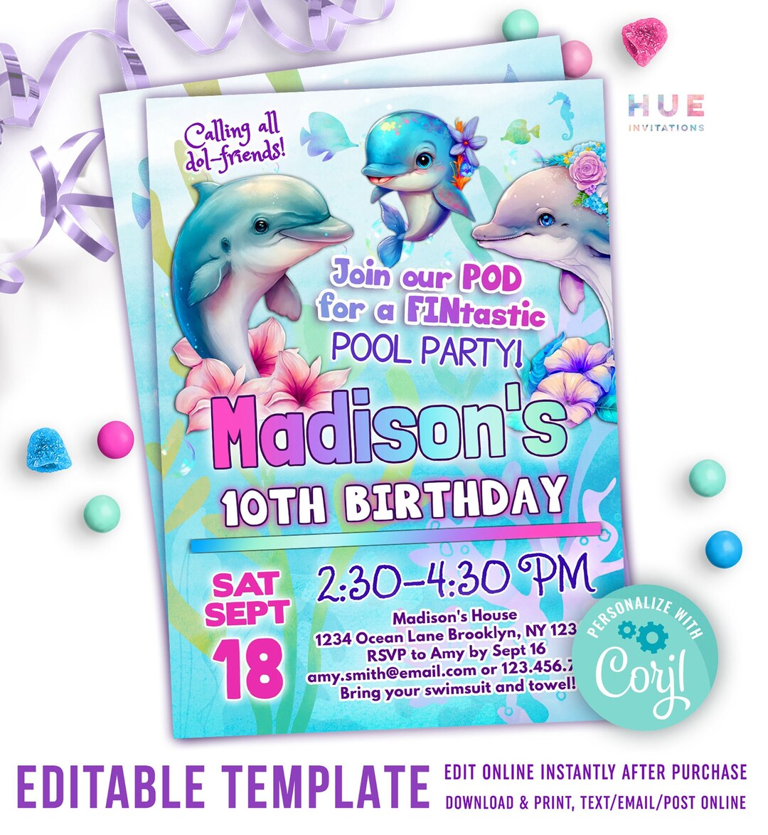 dolphin-pool-party-invitation-editable-template-under-the-sea-cute-dolphins-pool-party-birthday-invite-for-girls-purple-pink-aqua-etsy