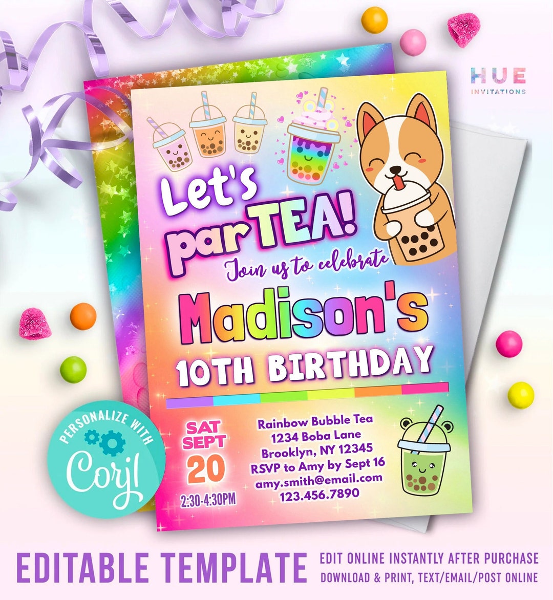 Cute Bubble Tea Birthday Party Invitation Editable Template Rainbow