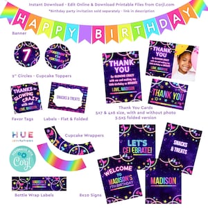 Paquete de fiesta con luces de neón que combina plantillas Corjl / archivos imprimibles para fiestas de cumpleaños con luces de neón / etiquetas de regalo con letreros de agradecimiento