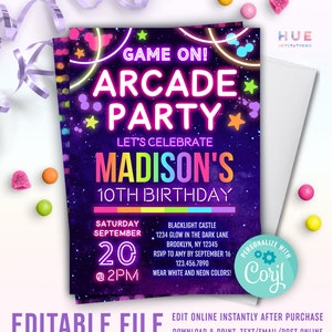 girls arcade party birthday invitation editable instant download | bright rainbow neon glow party arcade games party invite boys or girls