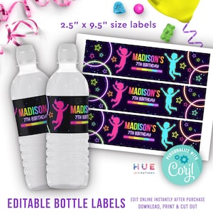 trampoline park party water bottle labels editable template | glow jump & play birthday bottle wraps printable | 2.5&quot; x 9.5&quot; size labels