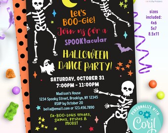 Halloween Tanzparty Einladung | niedliche tanzende Skelette Halloween Party Einladung | let's boo-gie spooktacular Halloween Einladungsvorlage