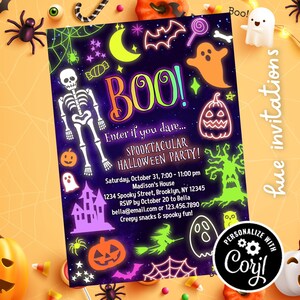neon Halloween party invitations | spooktacular Halloween costume party invites | kids spooky Halloween invites neon colors image 5