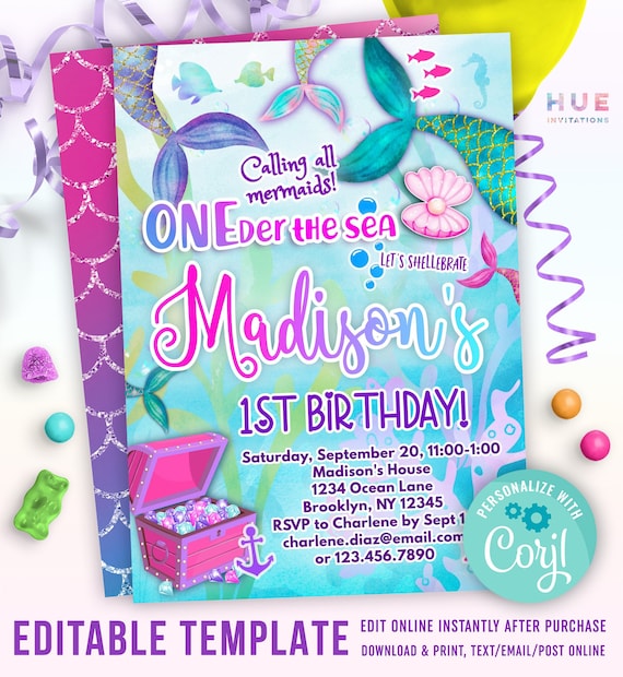 Buy Mermaid Oneder the Sea 1st Birthday Invitation Under the Sea