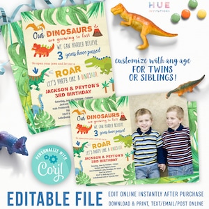 TWINS dinosaur birthday invitation Corjl templates | sibling dino party birthday invite for boys or girls | roar party like a dinosaur
