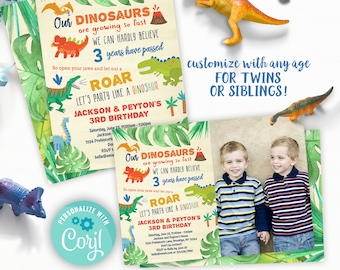 TWINS dinosaur birthday invitation Corjl templates | sibling dino party birthday invite for boys or girls | roar party like a dinosaur