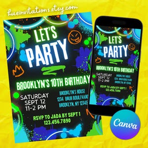 May include: A digital invitation for Brooklyn's 10th birthday party. The design features the text "LET'S PARTY" in large white letters, with neon green, blue, and orange accents. The invitation includes the date, time, location, and RSVP information.